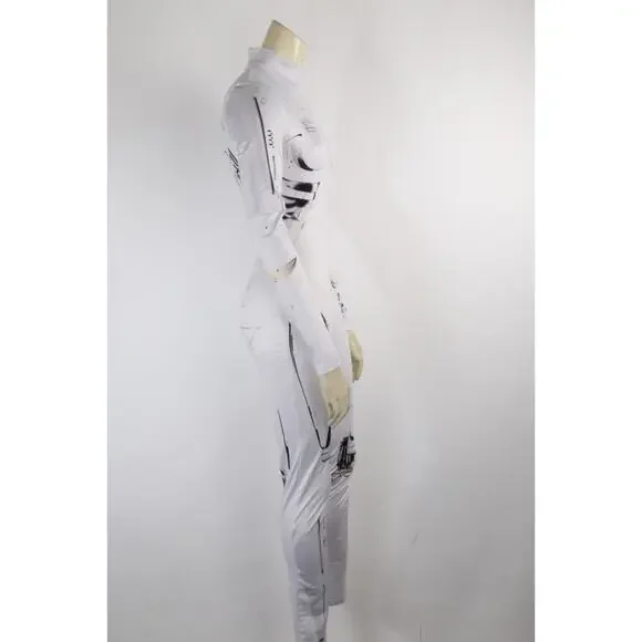 White Robotic Stretch Jumpsuit Tattoo Cyberpunk Longe Sleeve Bodysuit Size XS - Picture 8 of 14